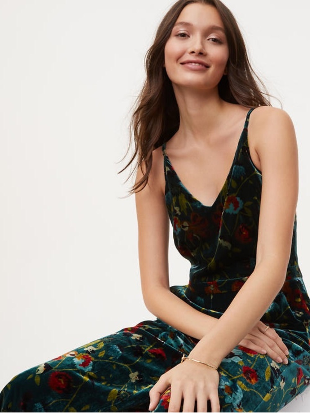 Loft Velvet Floral Sleeveless Jumpsuit Teal - 2